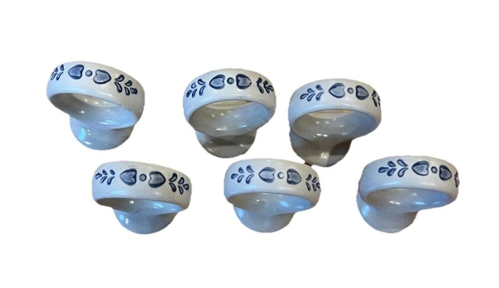 Vtg Footed Pfaltzgraff Yorktowne Blue Ceramic Stoneware Napkin Rings Set Of 6